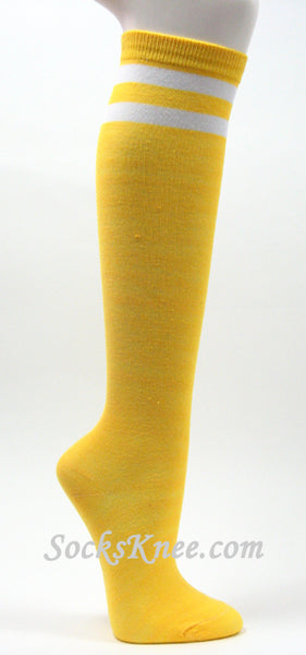 2 White Stripes Bright Yellow Fashion Knee High Socks