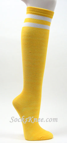 2 White Stripes Bright Yellow Fashion Knee High Socks