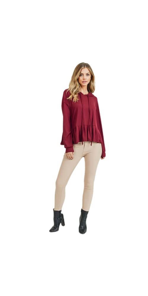 YELETE Women's Long Sleeve Hoodie Top with Ruffle Hem