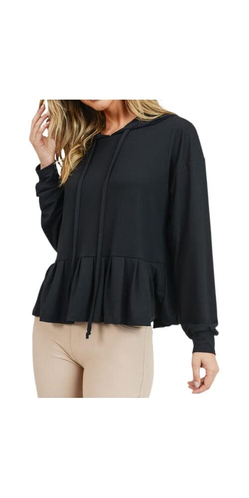 YELETE Women's Long Sleeve Hoodie Top with Ruffle Hem