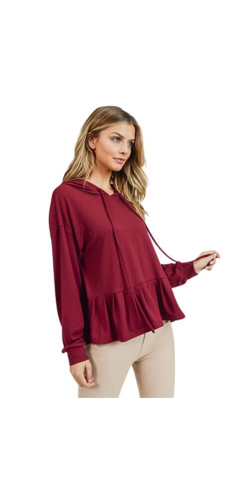 YELETE Women's Long Sleeve Hoodie Top with Ruffle Hem