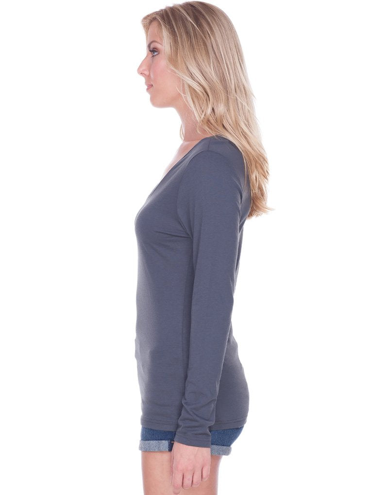 Kavio! Women Sheer Jersey Deep V Neck Long Sleeve