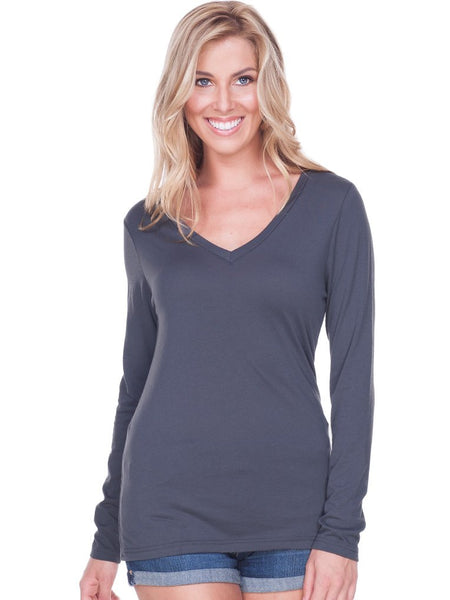 Kavio! Women Sheer Jersey Deep V Neck Long Sleeve