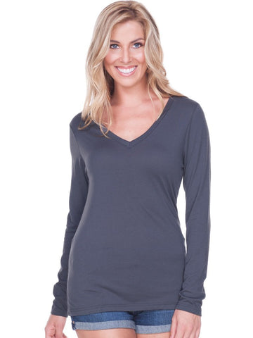 Kavio! Women Sheer Jersey Deep V Neck Long Sleeve