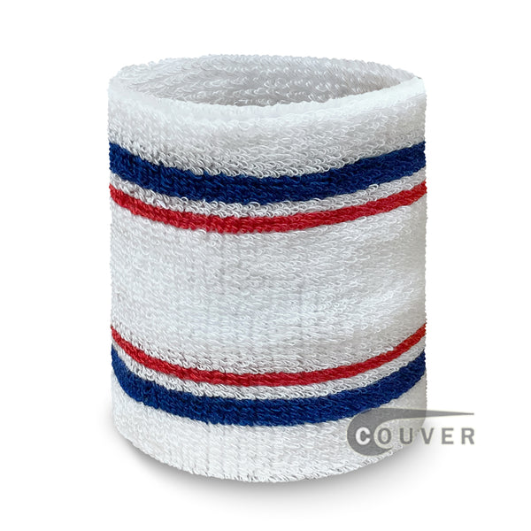White with Blue Red stripes Premium Tennis Wristband Sweatband