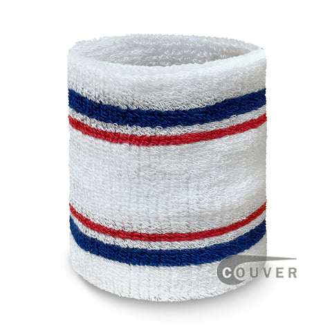 White with Blue Red stripes Premium Tennis Wristband Sweatband