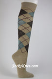 Beige with Brown Tea Green Argyle socks knee high