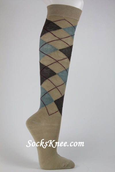 Beige with Brown Tea Green Argyle socks knee high