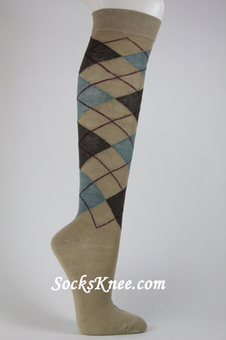 Beige with Brown Tea Green Argyle socks knee high
