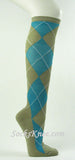 Beige Turquoise Lemonade Yellow Large Argyle Knee Socks
