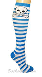 Bright Blue White Striped Women Skull Socks Knee High