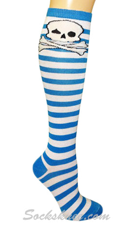 Bright Blue White Striped Women Skull Socks Knee High