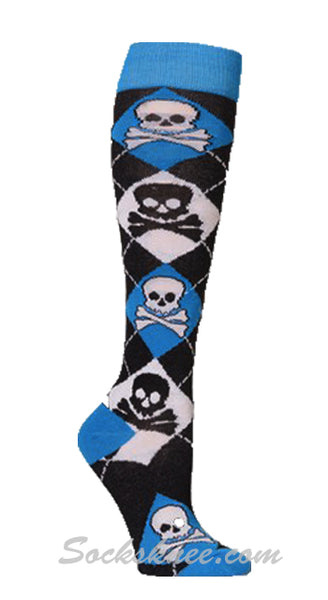 Skulls Black Women Bright Blue White Argyle Knee High Socks