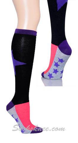 Purple Bold Star-Mini Stars Black Knee High Socks