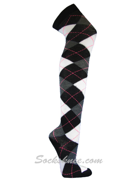 Black Charcoal Whtie Over Knee Thigh High Argyle Socks