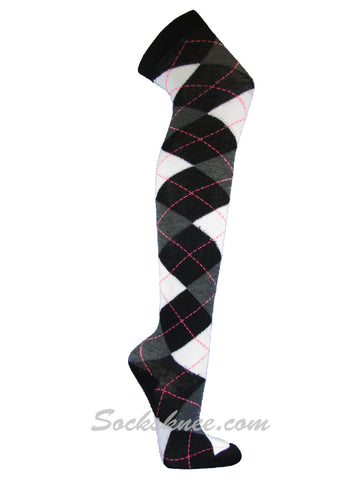 Black Charcoal Whtie Over Knee Thigh High Argyle Socks
