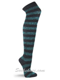 Black /  Turquoise Glitter Sparkling Striped over the knee socks