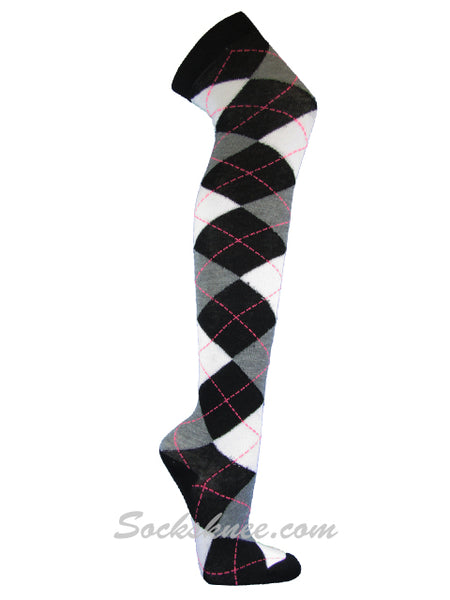 Black Gray Charcoal Argyle Ladies Women Thigh High Socks