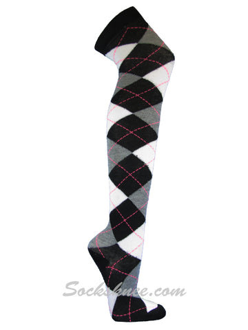 Black Gray Charcoal Argyle Ladies Women Thigh High Socks