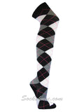 Black Gray White Women Thigh High Argyle Socks