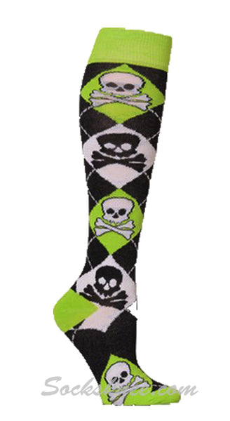 Skulls Black Women Lime Green White Argyle Knee High Socks