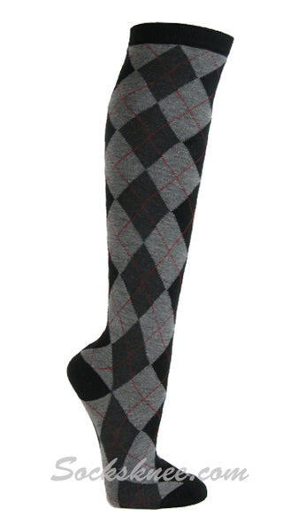 Black with gray argyle socks knee high