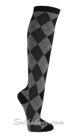 Black with gray argyle socks knee high