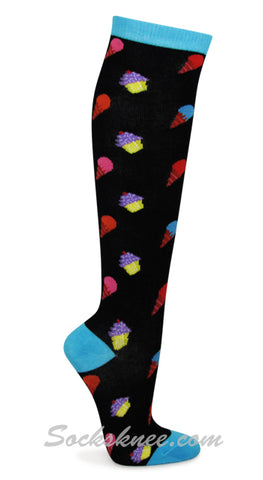 Ladies Black with Ice Cream Patterned Stylish Knee High Socks