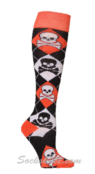 Skulls Black Women Orange White Women Argyle Knee High Socks