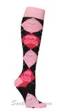 Skulls Black Women Pink Hot Pink Argyle Knee High Socks