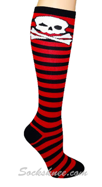 Black Red Striped Women Skull Socks Knee High