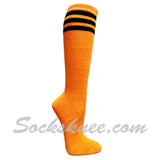 Golden Yellow Triple Black Stripes Women Cotton Knee High Socks