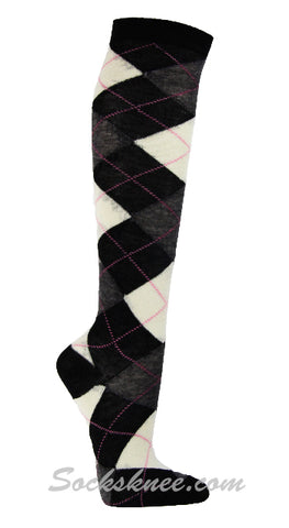 Black White Charcoal Women Argyle Knee High Socks