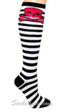 Black White Striped Women Skull Socks Knee High