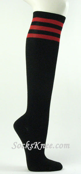 Black with Dark Red 3line striped knee high socks