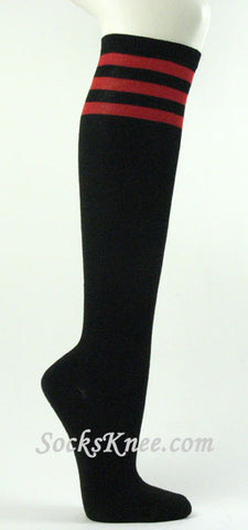 Black with Dark Red 3line striped knee high socks