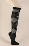 Black argyle knee socks with skull and crossbones