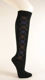 Black with brown and purple argyle socks knee high