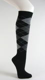 Black with charcoal and gray argyle socks knee high