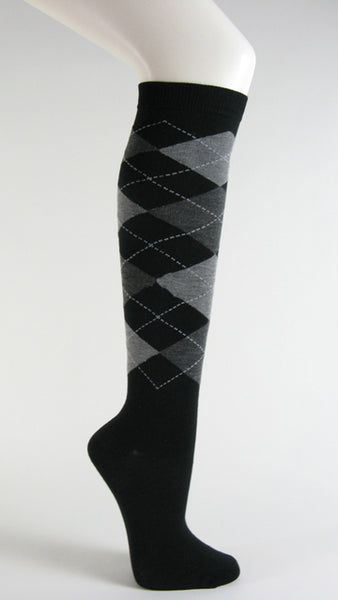 Black with charcoal and gray argyle socks knee high