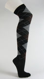 Black with Red Purple Over Knee Argyle Socks