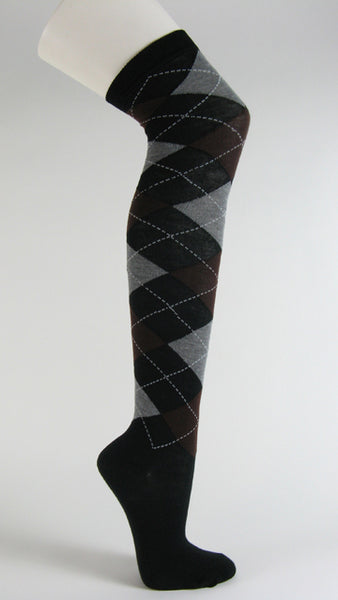 Black with Red Purple Over Knee Argyle Socks