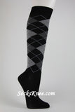 Black with charcoal and gray argyle socks knee high