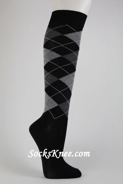 Black with charcoal and gray argyle socks knee high