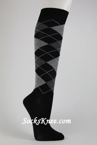 Black with charcoal and gray argyle socks knee high