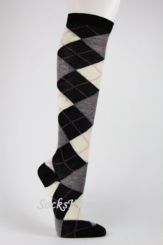 Black Gray Cream Argyle Knee Sock