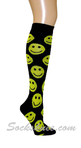 Happy Face Black Knee High Fashion Socks