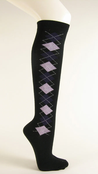 Black with purple and lavender argyle socks knee high