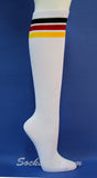 Black, Yellow, Red stripes on White knee high socks for Women