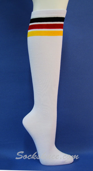 Black, Yellow, Red stripes on White knee high socks for Women